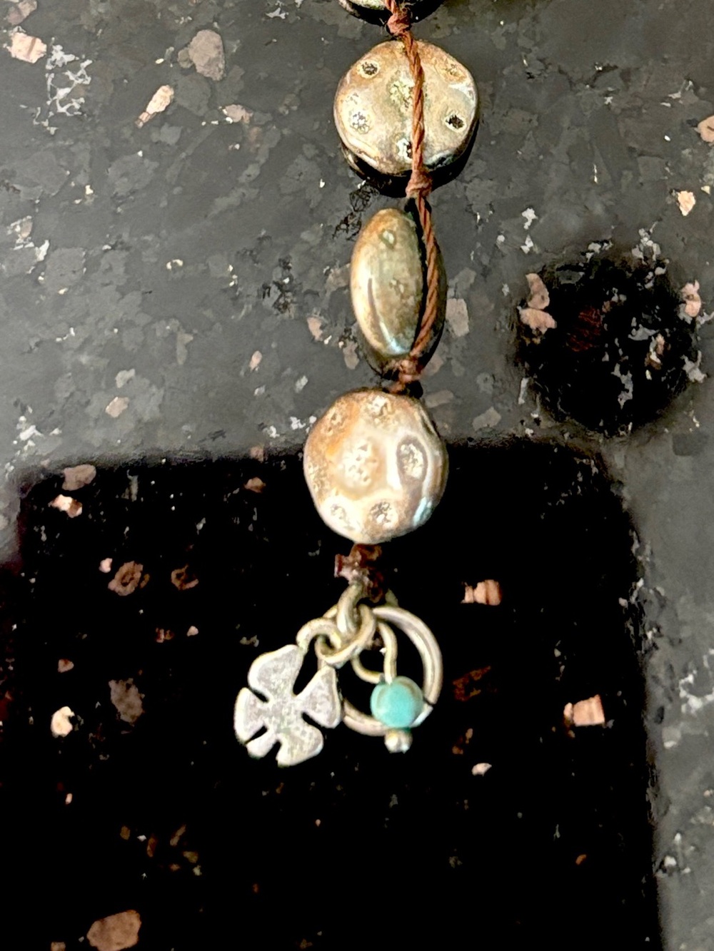 Lucky Brand Hammered Silver Disc Bead Corded Necklace with Turquoise Nugget 36” - Picture 9 of 9